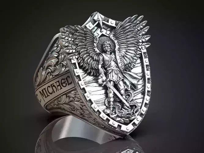 Ring Saint Archangel Michael with Dragon Wings and Inscription 3D print model