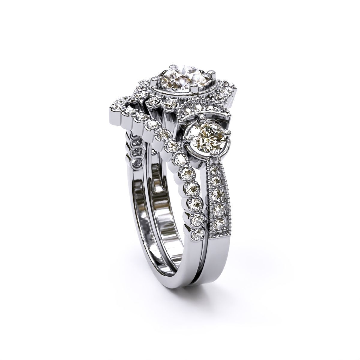 engagement ring with matching band 3D print model_1