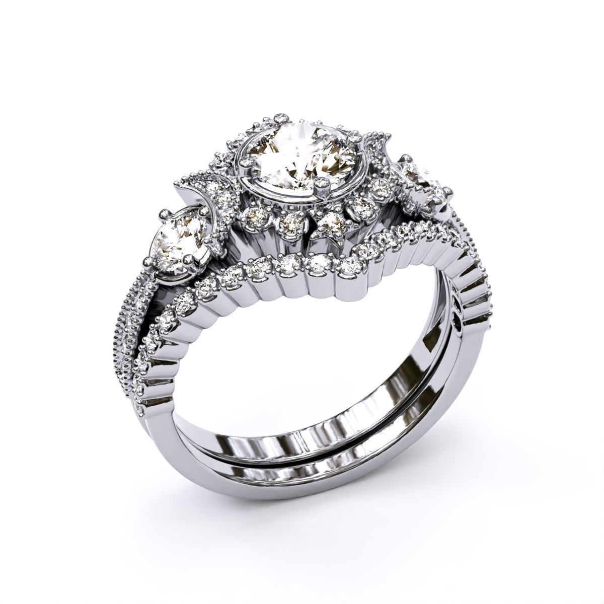 engagement ring with matching band 3D print model_2