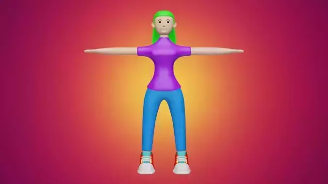 Woman Wear T-Shirt Trousers Sneakers 3D Cartoon Character Style