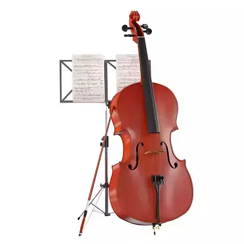 Wooden Cello made of wood with stand and music 3D model
