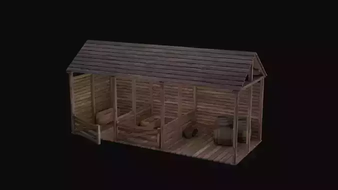 Stable 3D Model wooden building with roof
