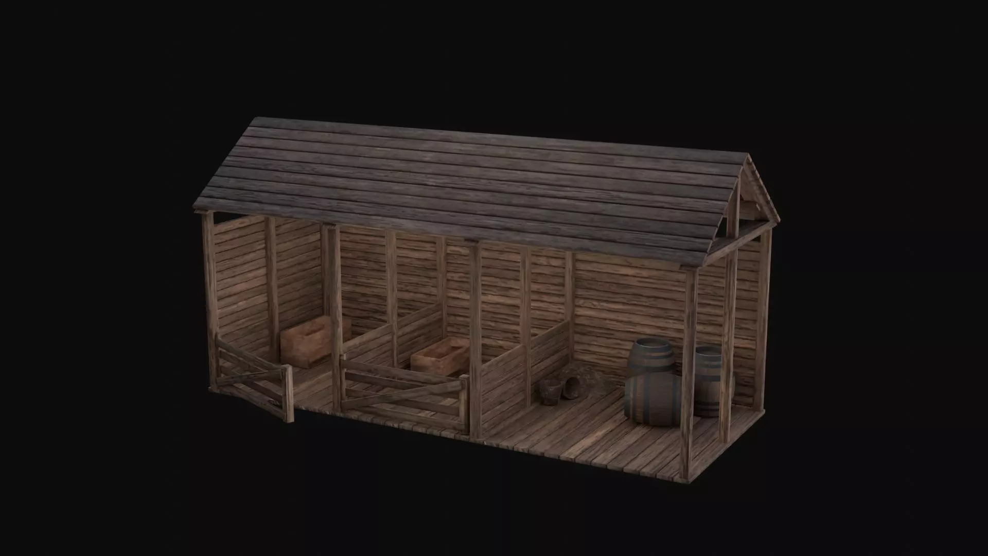 Stable 3D Model wooden building with roof Low-poly 3D model
