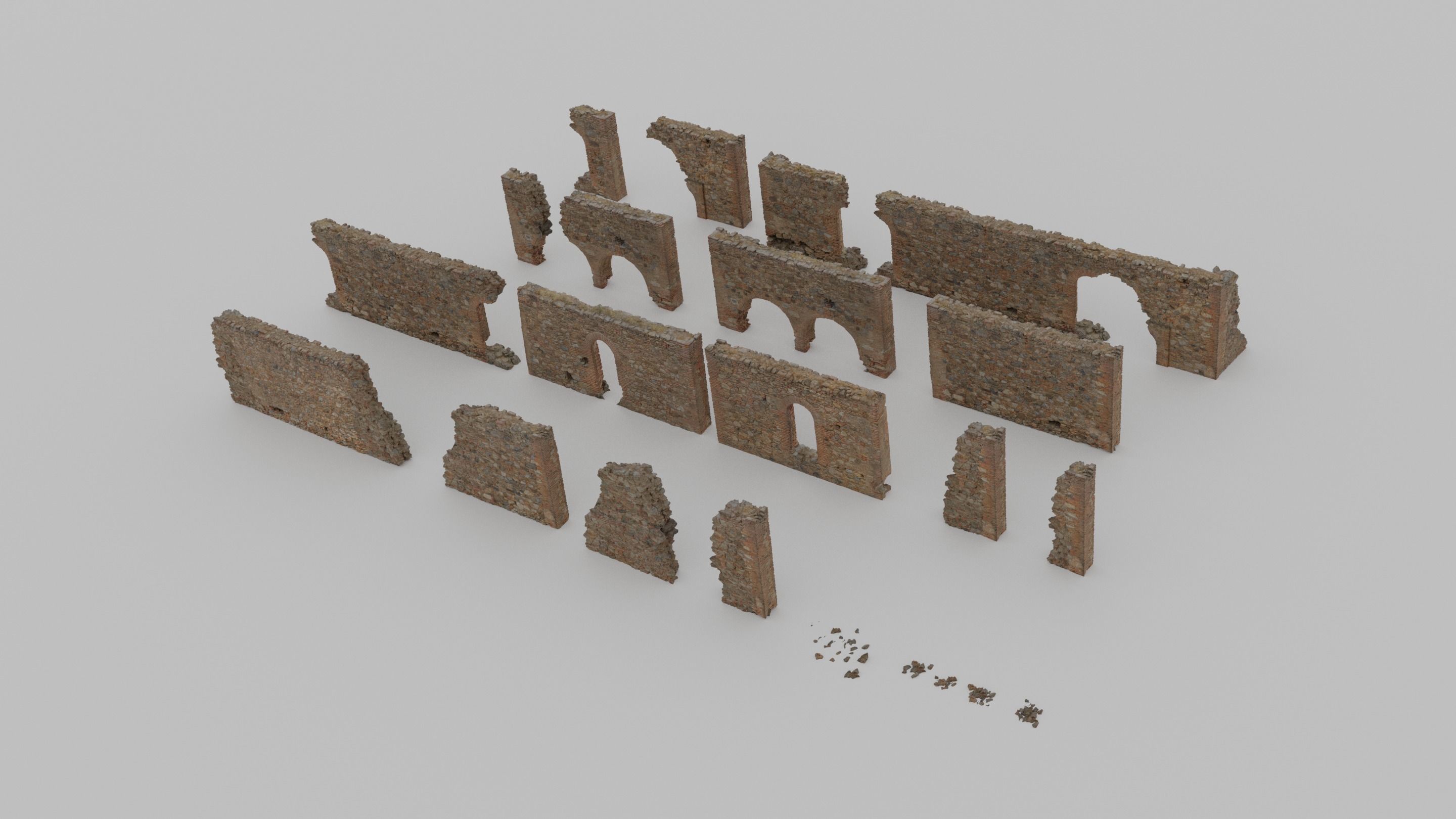 Modular Brick Stone Wall Ruin Set Low-poly 3D model_11
