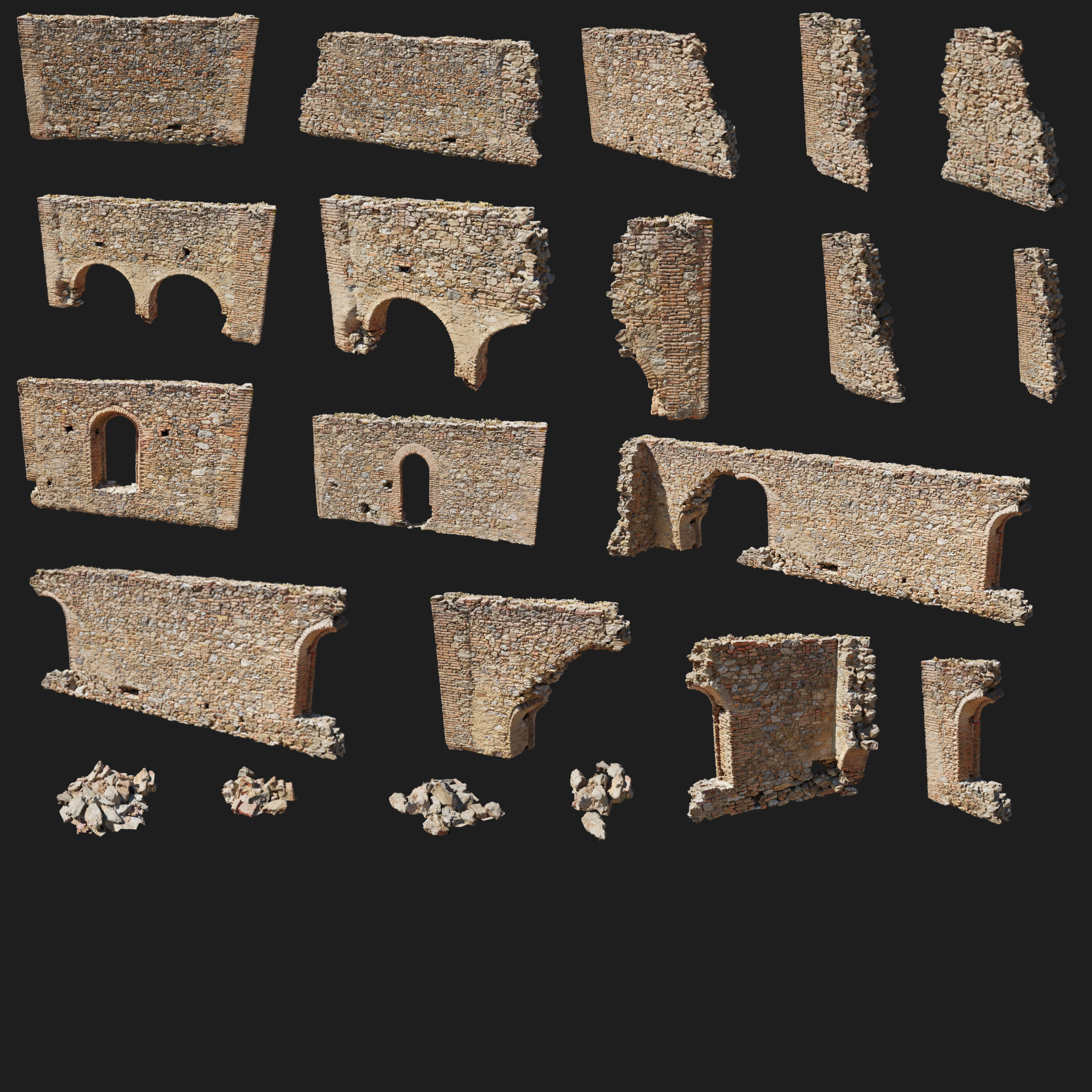 Modular Brick Stone Wall Ruin Set Low-poly 3D model_20