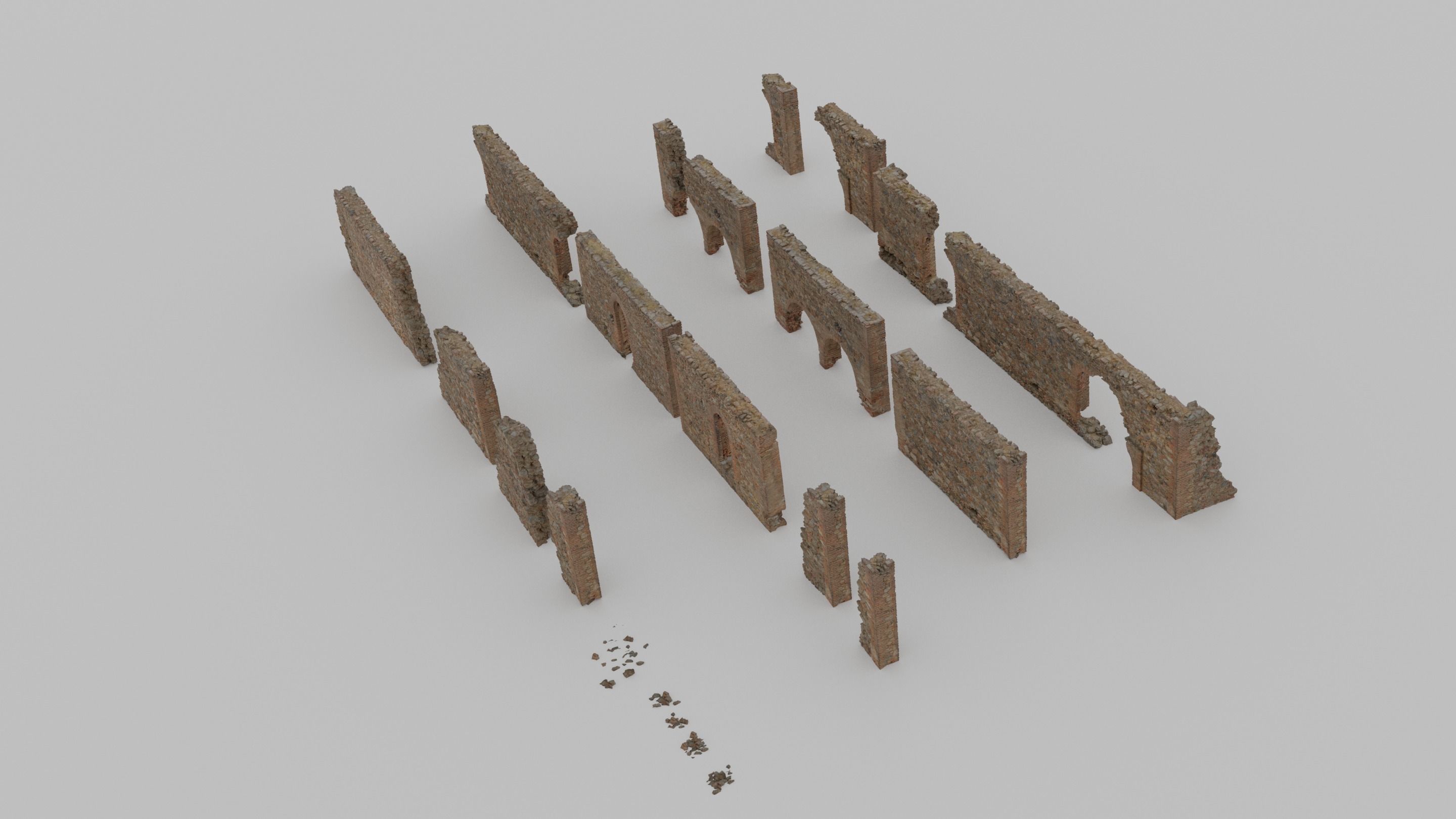 Modular Brick Stone Wall Ruin Set Low-poly 3D model_10