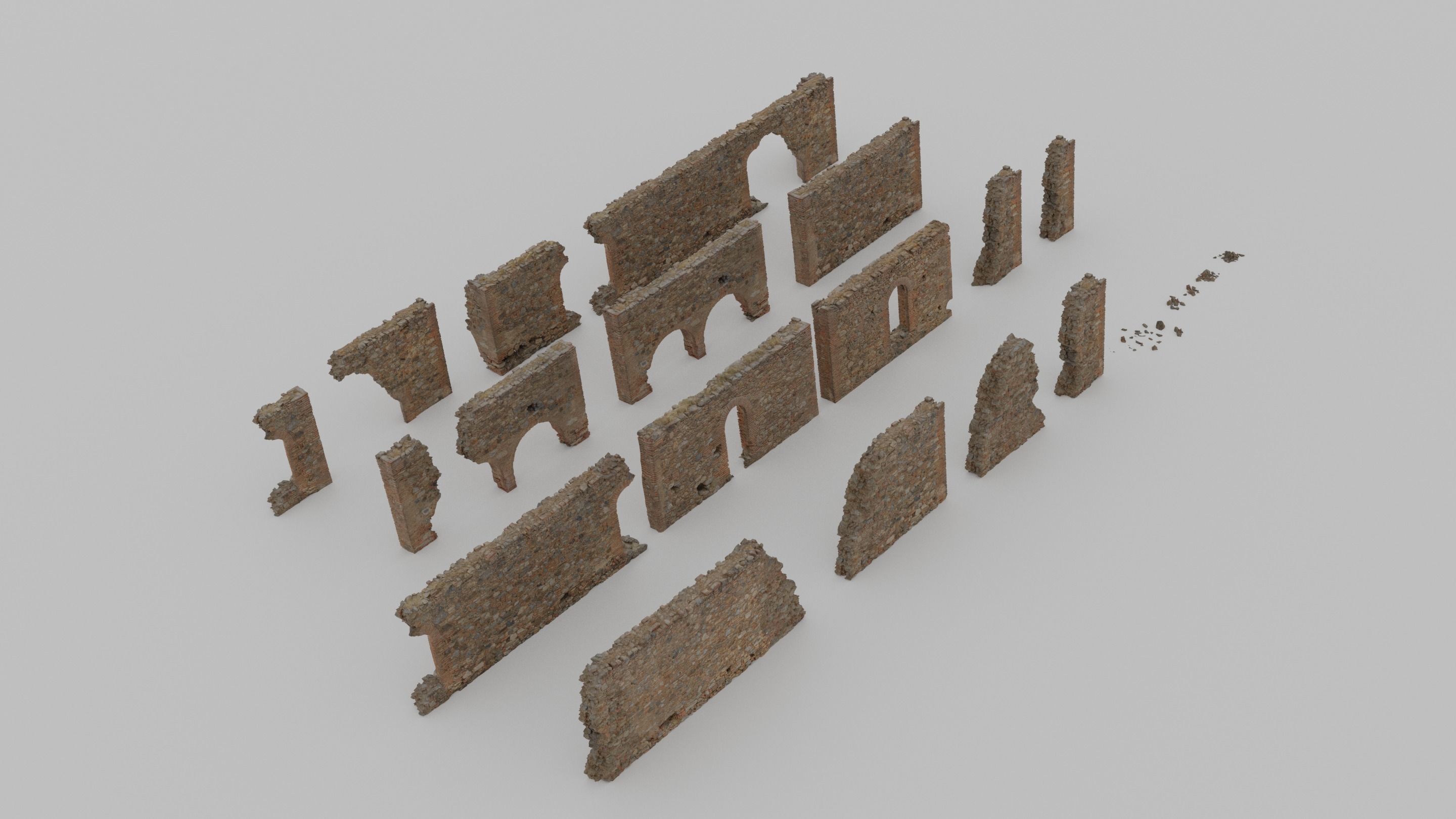 Modular Brick Stone Wall Ruin Set Low-poly 3D model_14