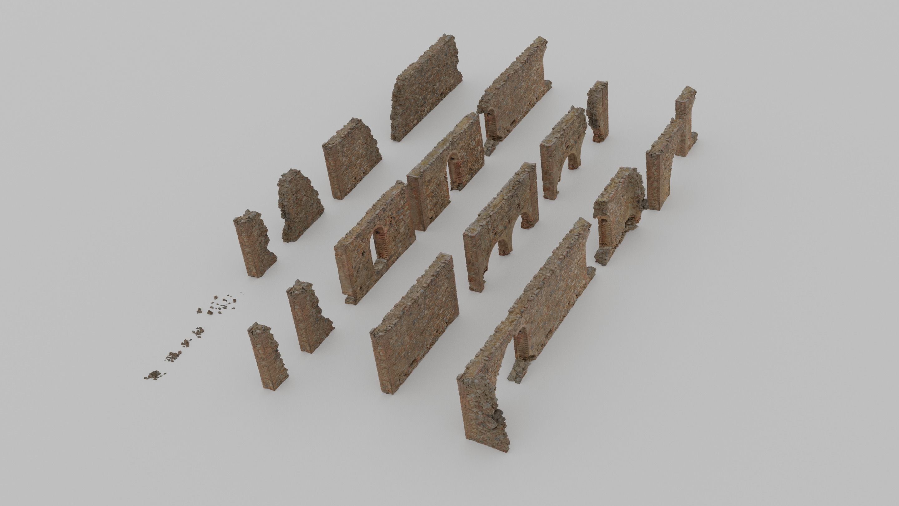 Modular Brick Stone Wall Ruin Set Low-poly 3D model_8