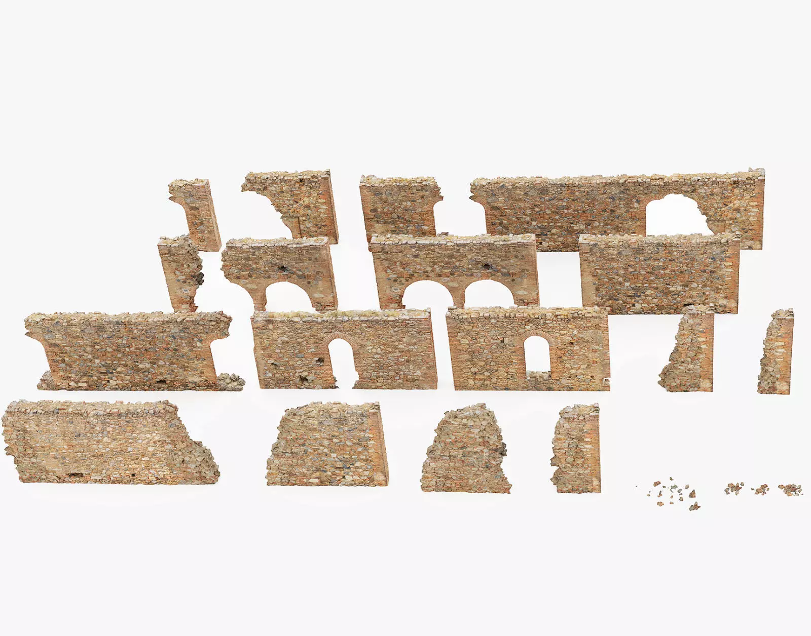 Modular Brick Stone Wall Ruin Set Low-poly 3D model_0