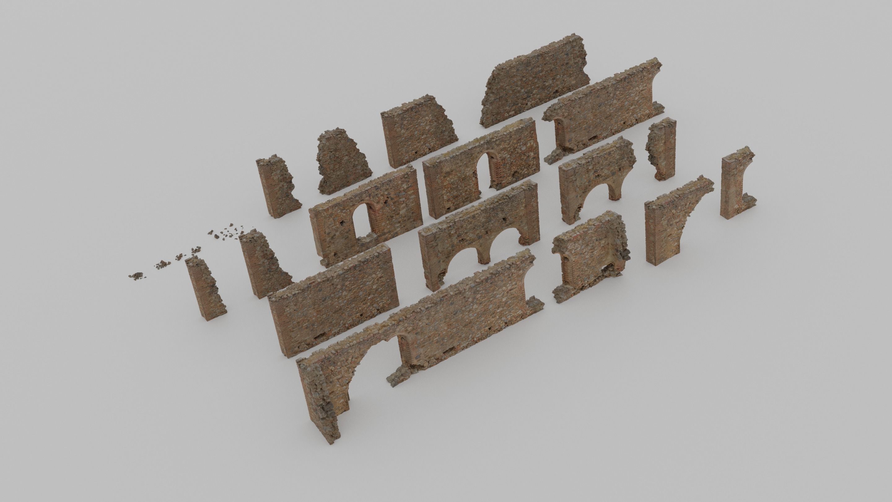 Modular Brick Stone Wall Ruin Set Low-poly 3D model_7
