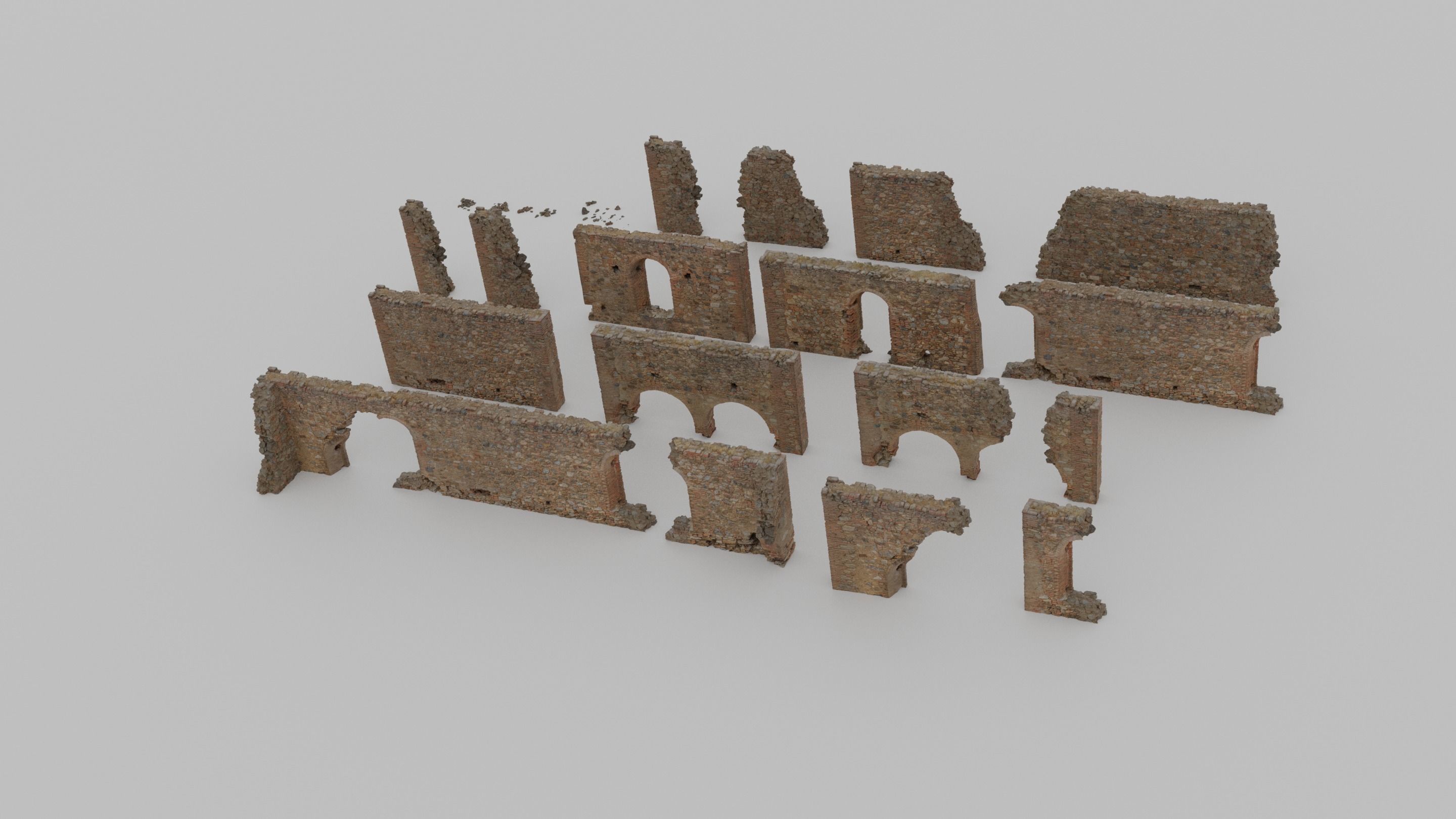 Modular Brick Stone Wall Ruin Set Low-poly 3D model_5