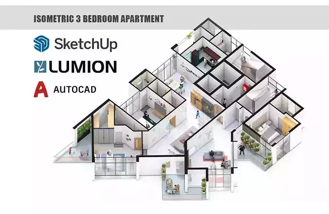 Isometric 3 bedroom apartment layout 3d Animation Lumion 12