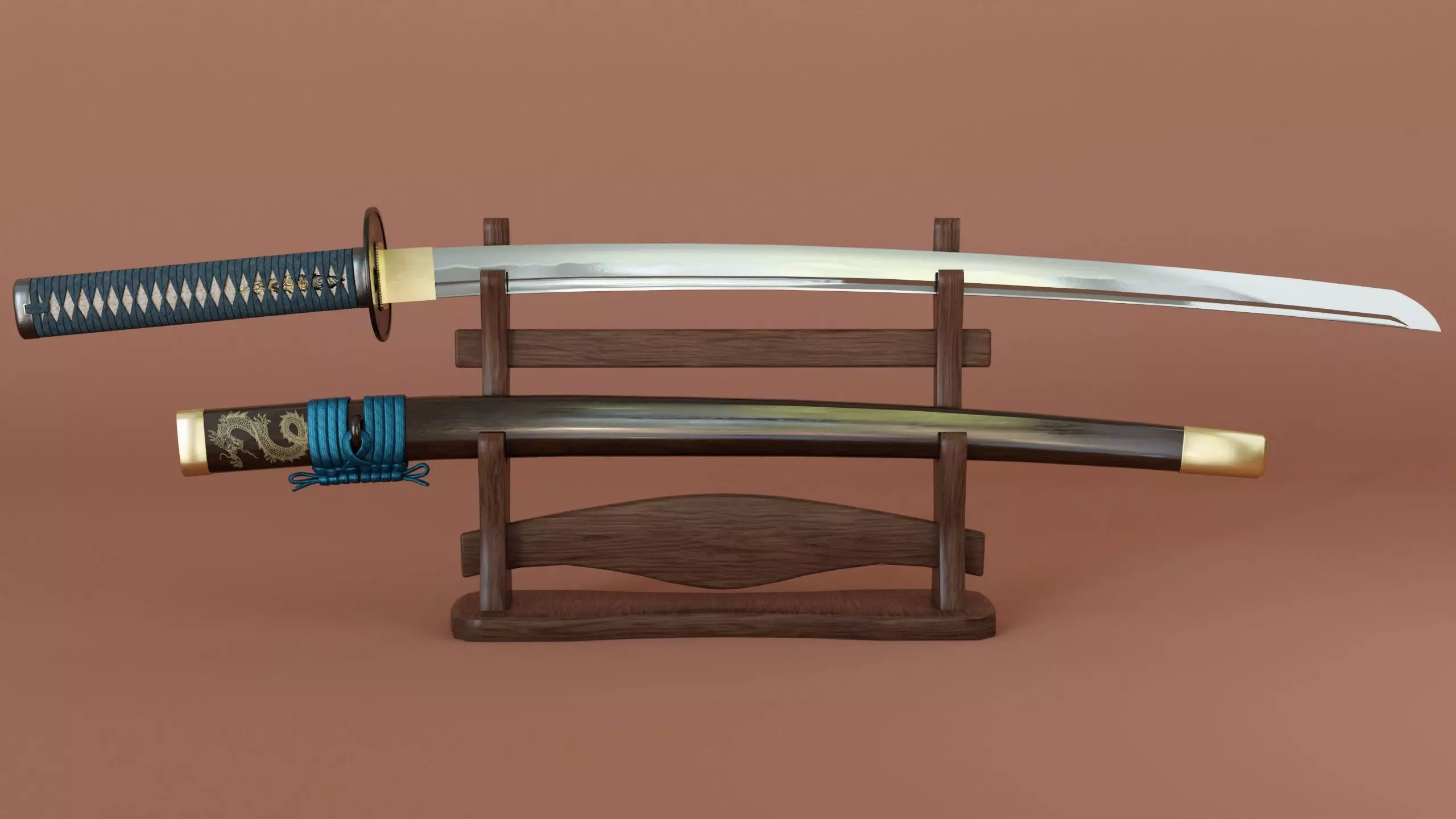 catana set with saya and stand low-poly PBR Low-poly 3D model_0