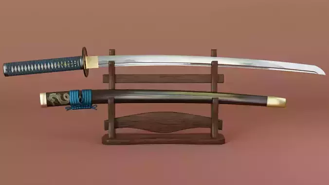 catana set with saya and stand low-poly PBR