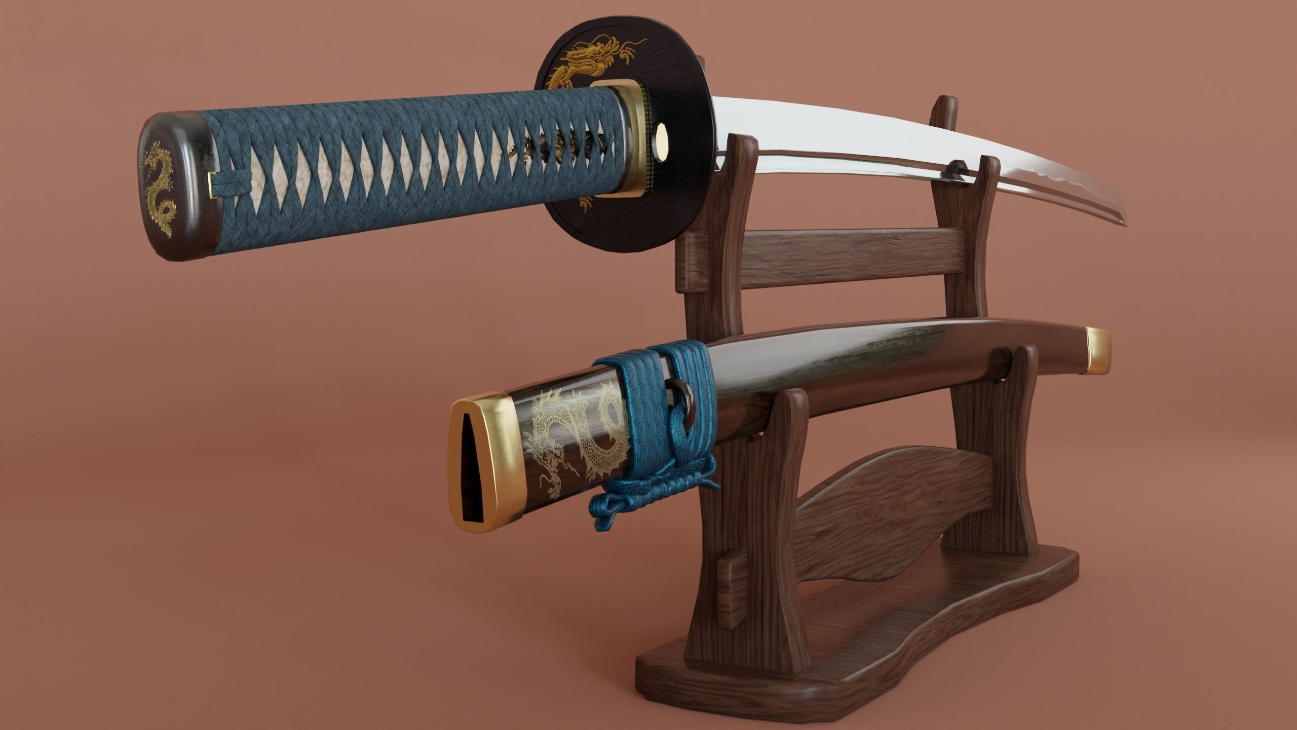 catana set with saya and stand low-poly PBR Low-poly 3D model_6