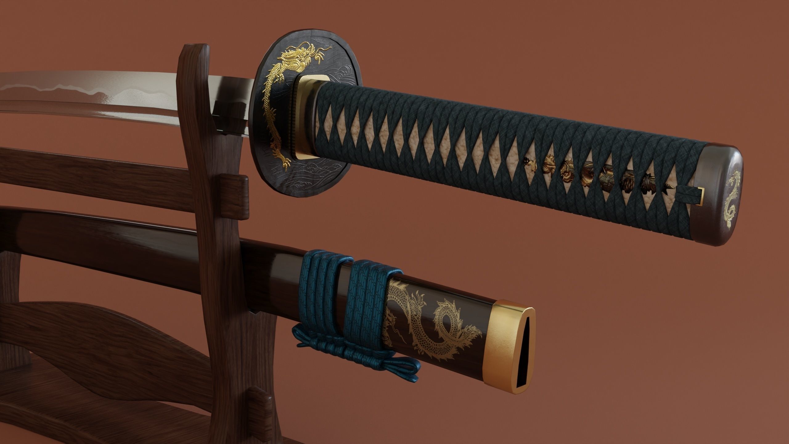 catana set with saya and stand low-poly PBR Low-poly 3D model_10