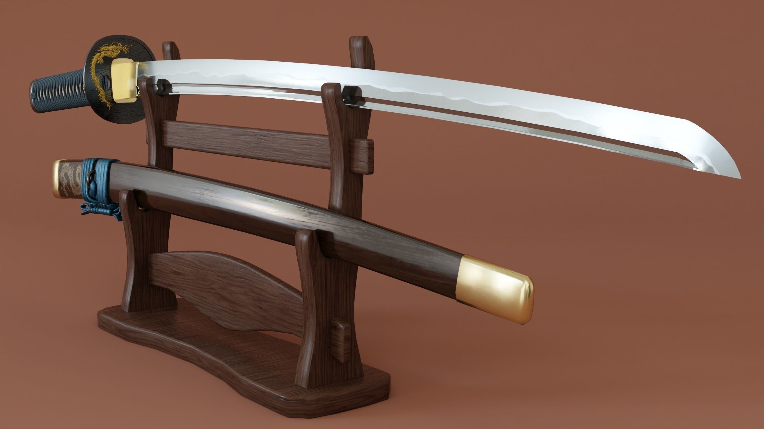 catana set with saya and stand low-poly PBR Low-poly 3D model_7