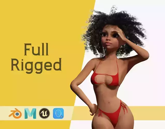 Naked African Female Cartoon Black afro rigged Woman Female 3D Low-poly 3D model