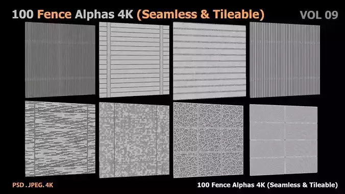 100 Fence Alphas 4K Seamless  Tileable VOL 09 Texture