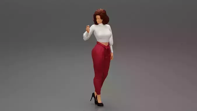 Full Length Portrait Of Young Woman In A White Shirt And Pants