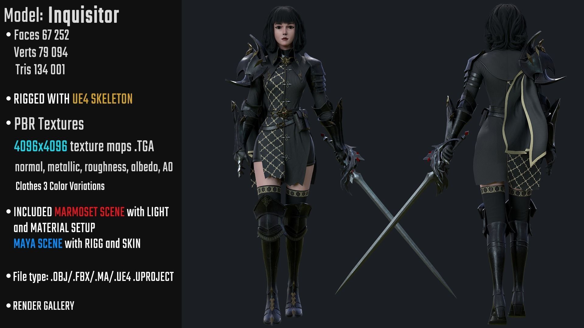 Inquisitor - Game Ready woman dressed in armor and holding sword Low-poly 3D model_2