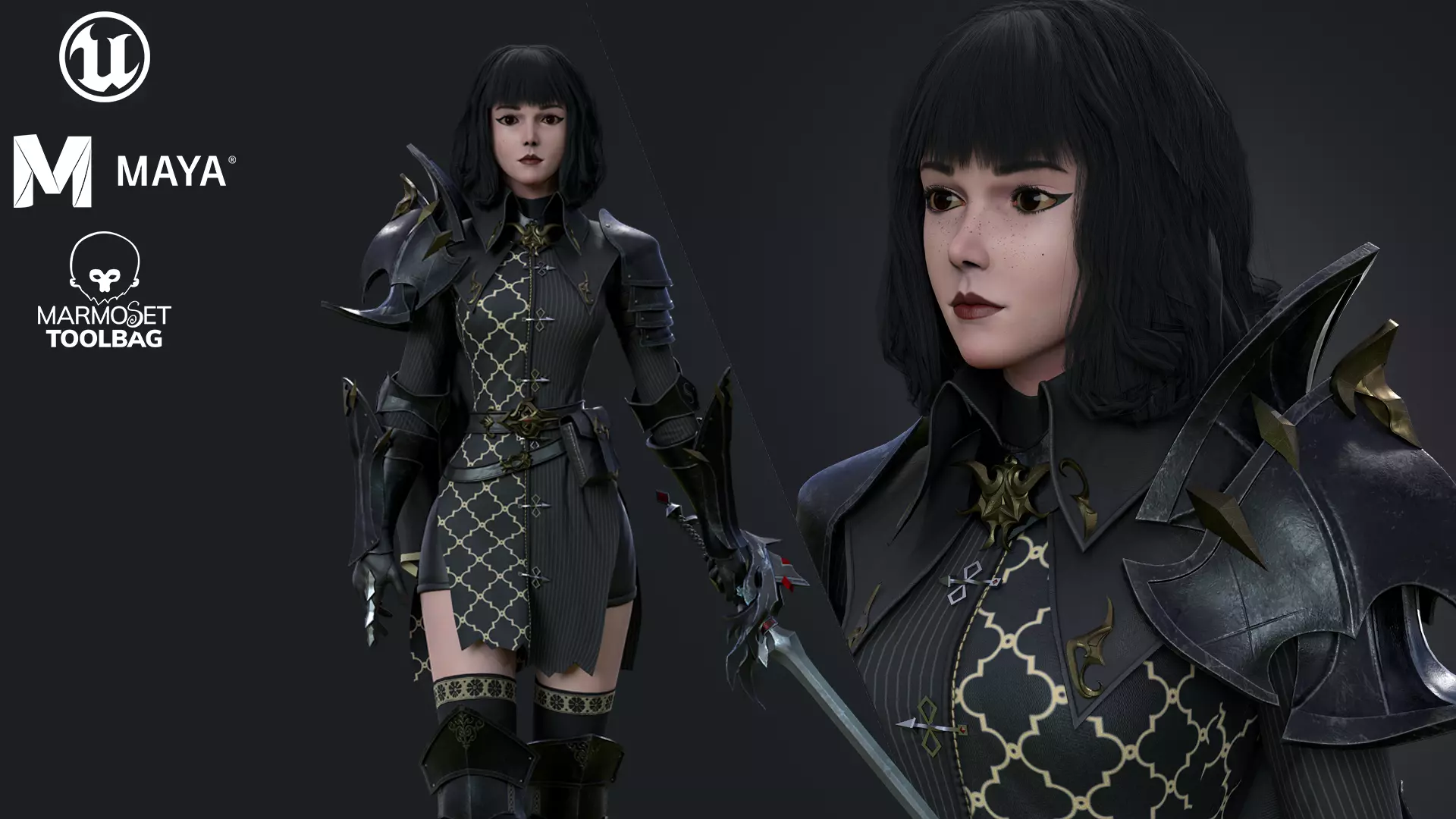 Inquisitor - Game Ready woman dressed in armor and holding sword Low-poly 3D model_0