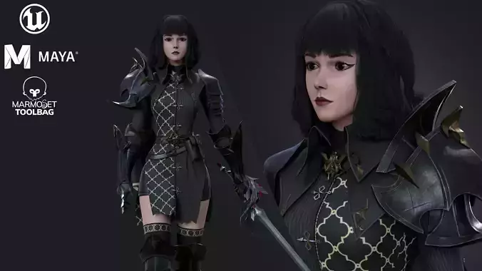 Inquisitor - Game Ready woman dressed in armor and holding sword Low-poly 3D model
