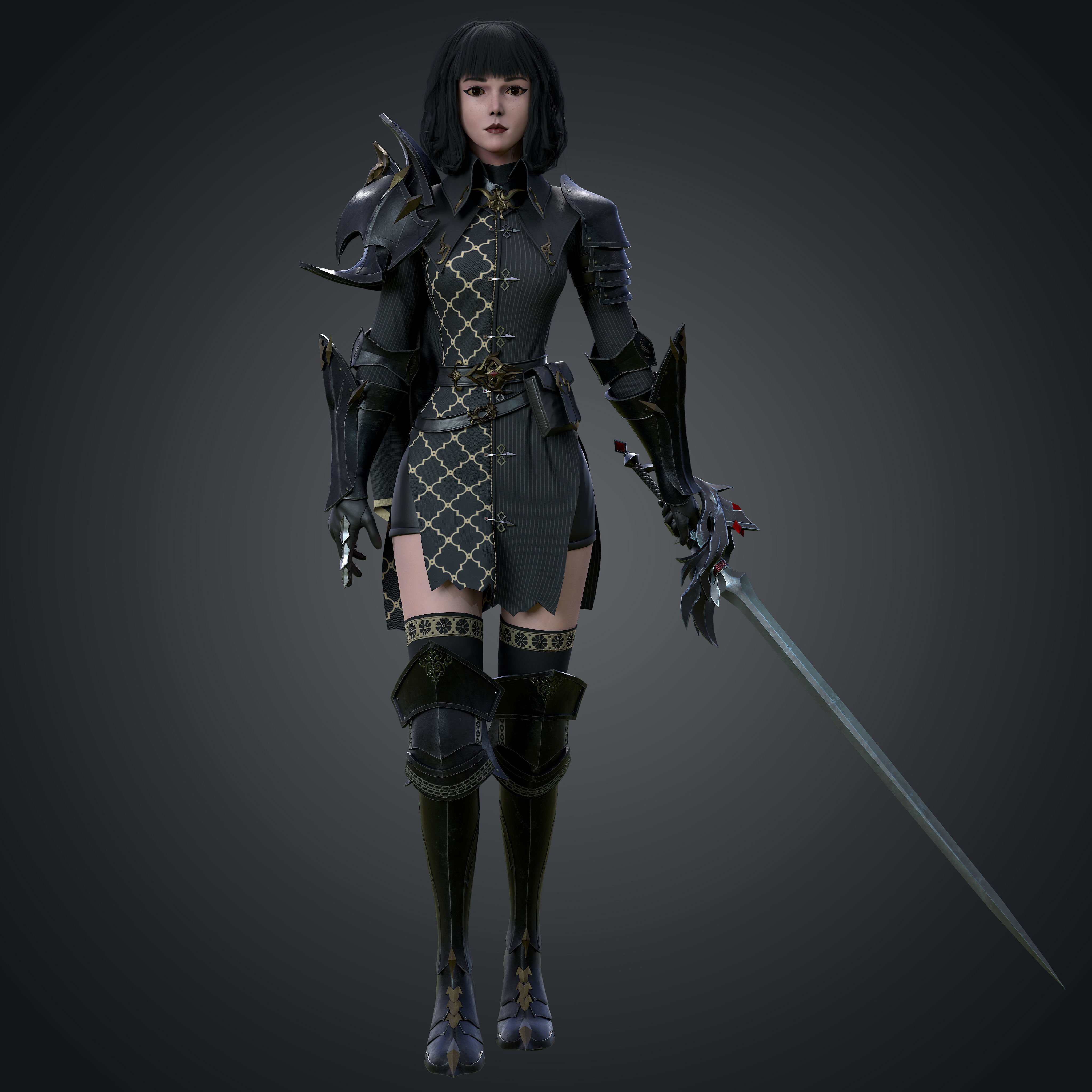 Inquisitor - Game Ready woman dressed in armor and holding sword Low-poly 3D model_3
