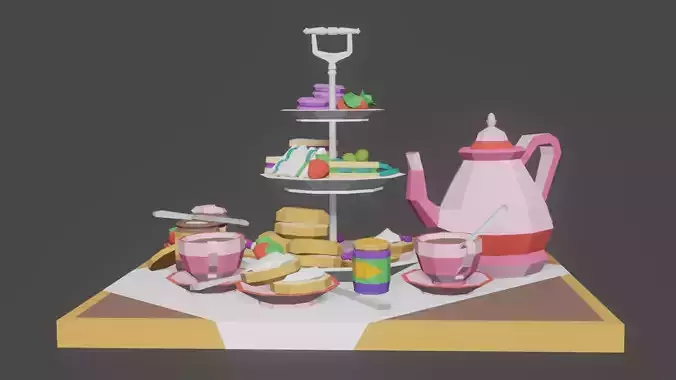 Low poly tea set on table