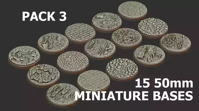 PACK 3 - 15 MINIATURE BASES 50mm 3D Print Ready 3D print model
