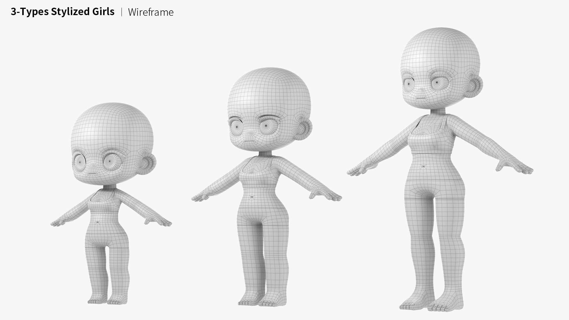 3-Types Girl basemesh Low-poly 3D model_3