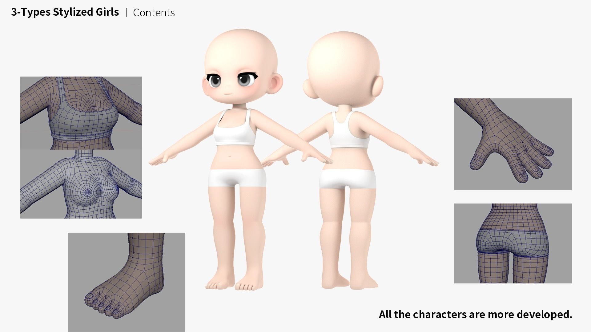 3-Types Girl basemesh Low-poly 3D model_1