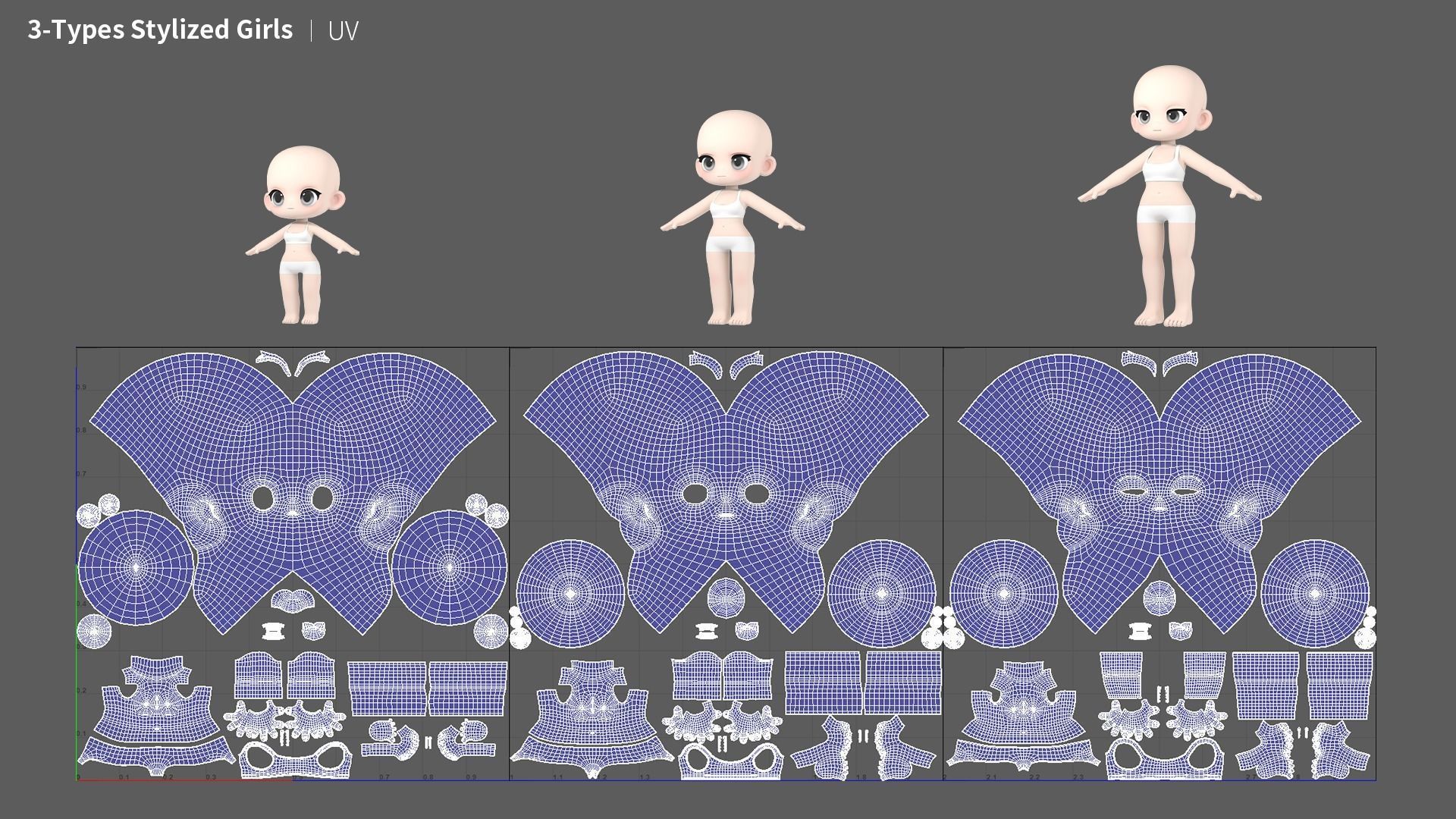 3-Types Girl basemesh Low-poly 3D model_6