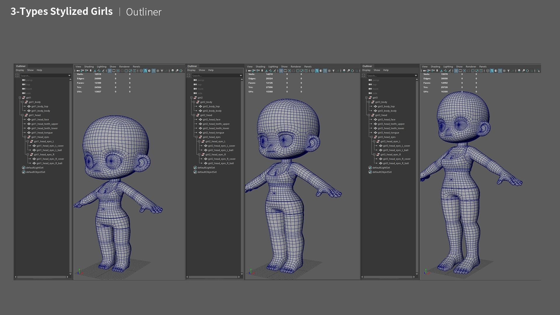 3-Types Girl basemesh Low-poly 3D model_5