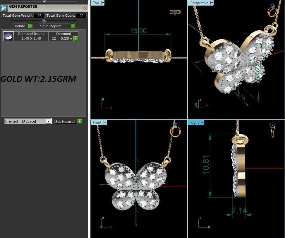Butterfly Light Weight Diamond Necklace 3dm renders details 3D print model_2