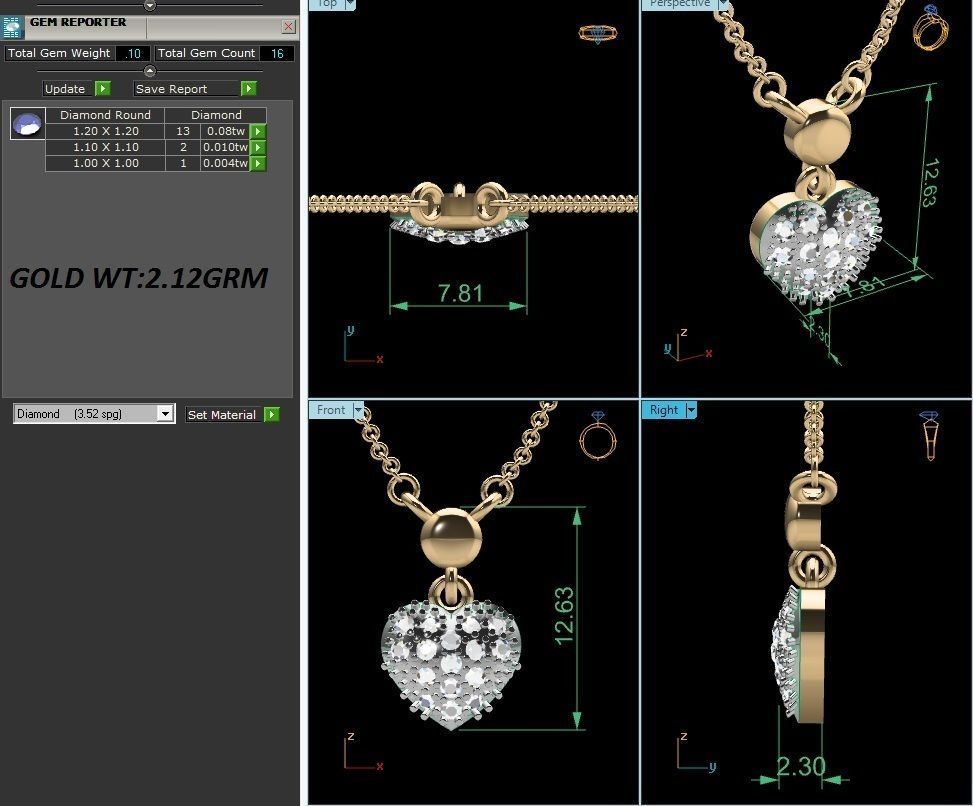 Heart Light Weight Diamond Necklace 3dm renders details 3D print model_2