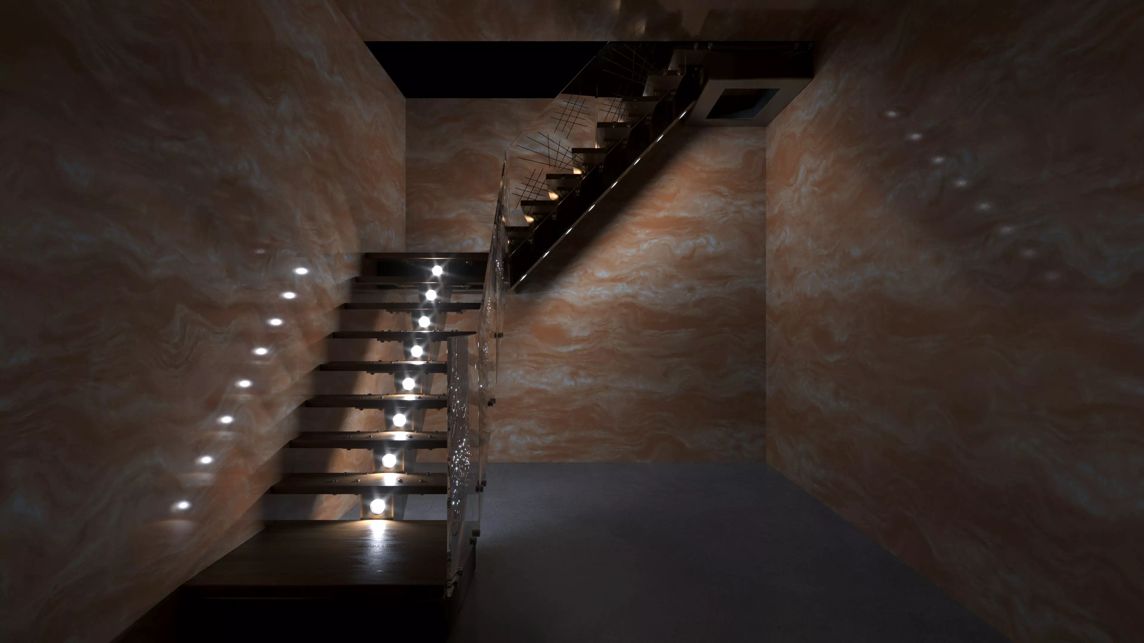 Stair wooden staircase with metal railings 3D model_0