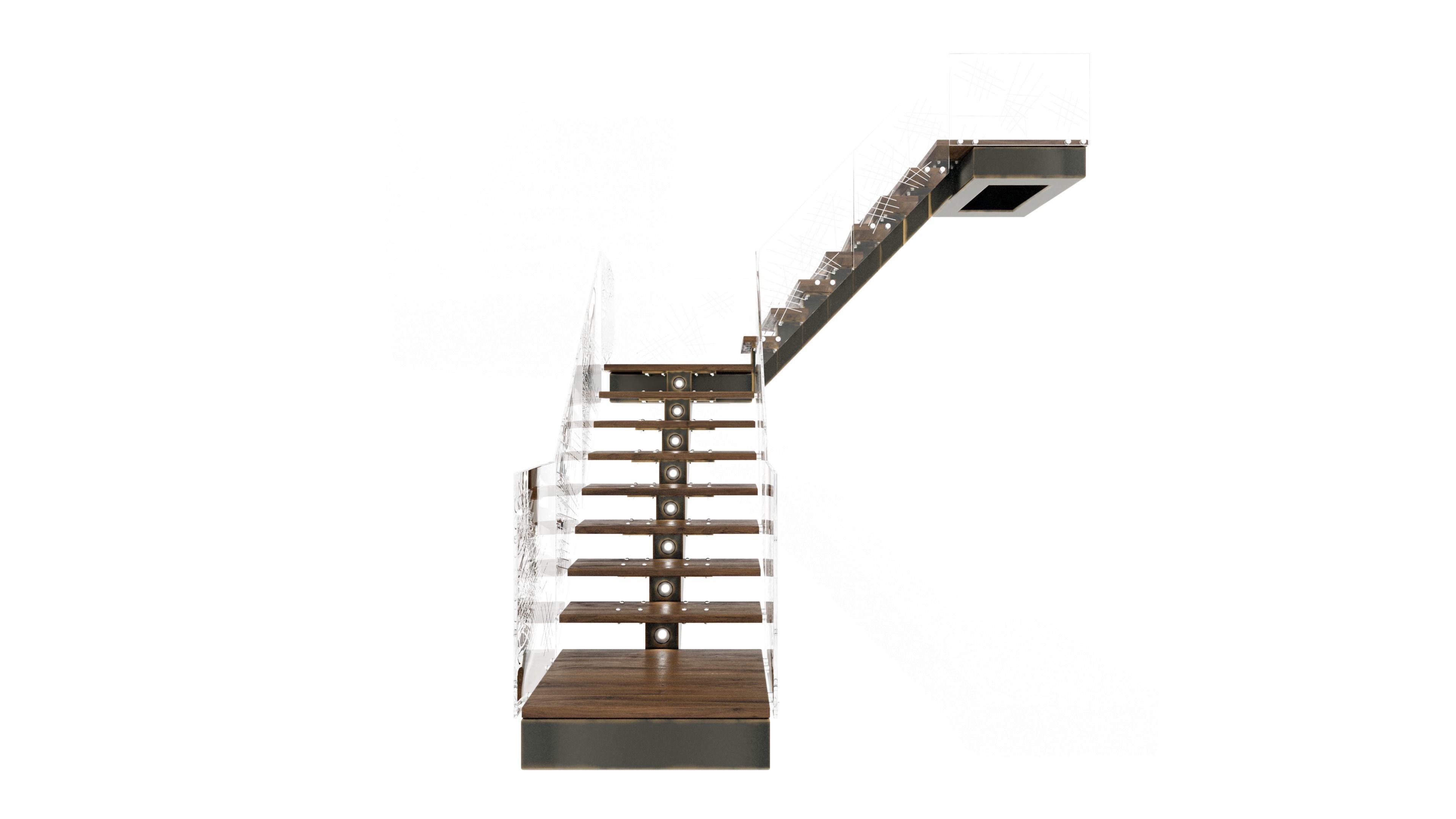 Stair wooden staircase with metal railings 3D model_3