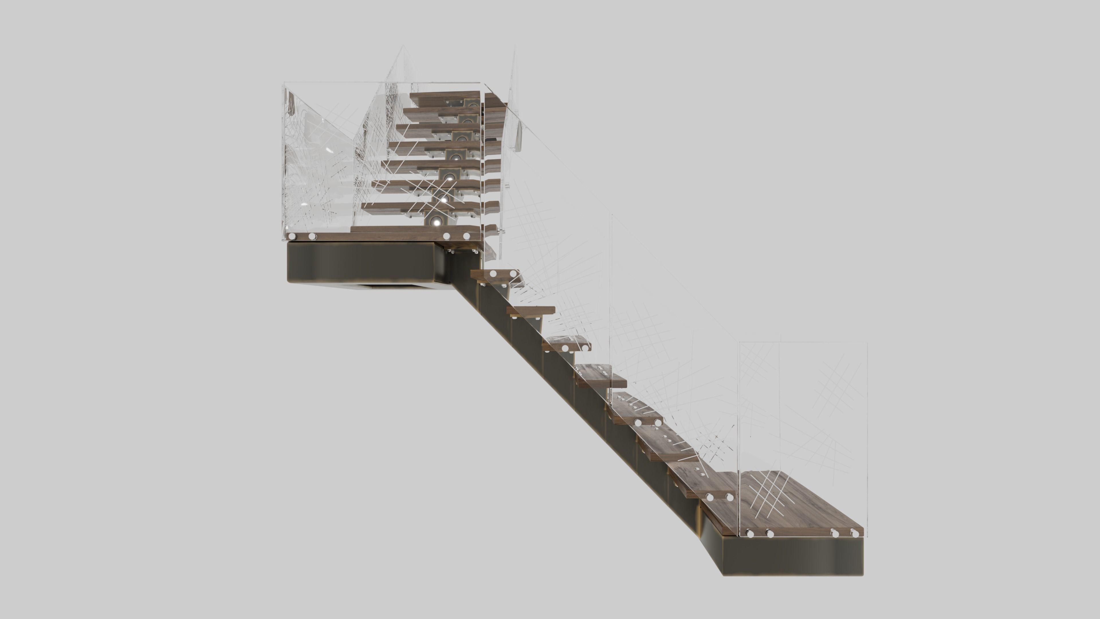 Stair wooden staircase with metal railings 3D model_1