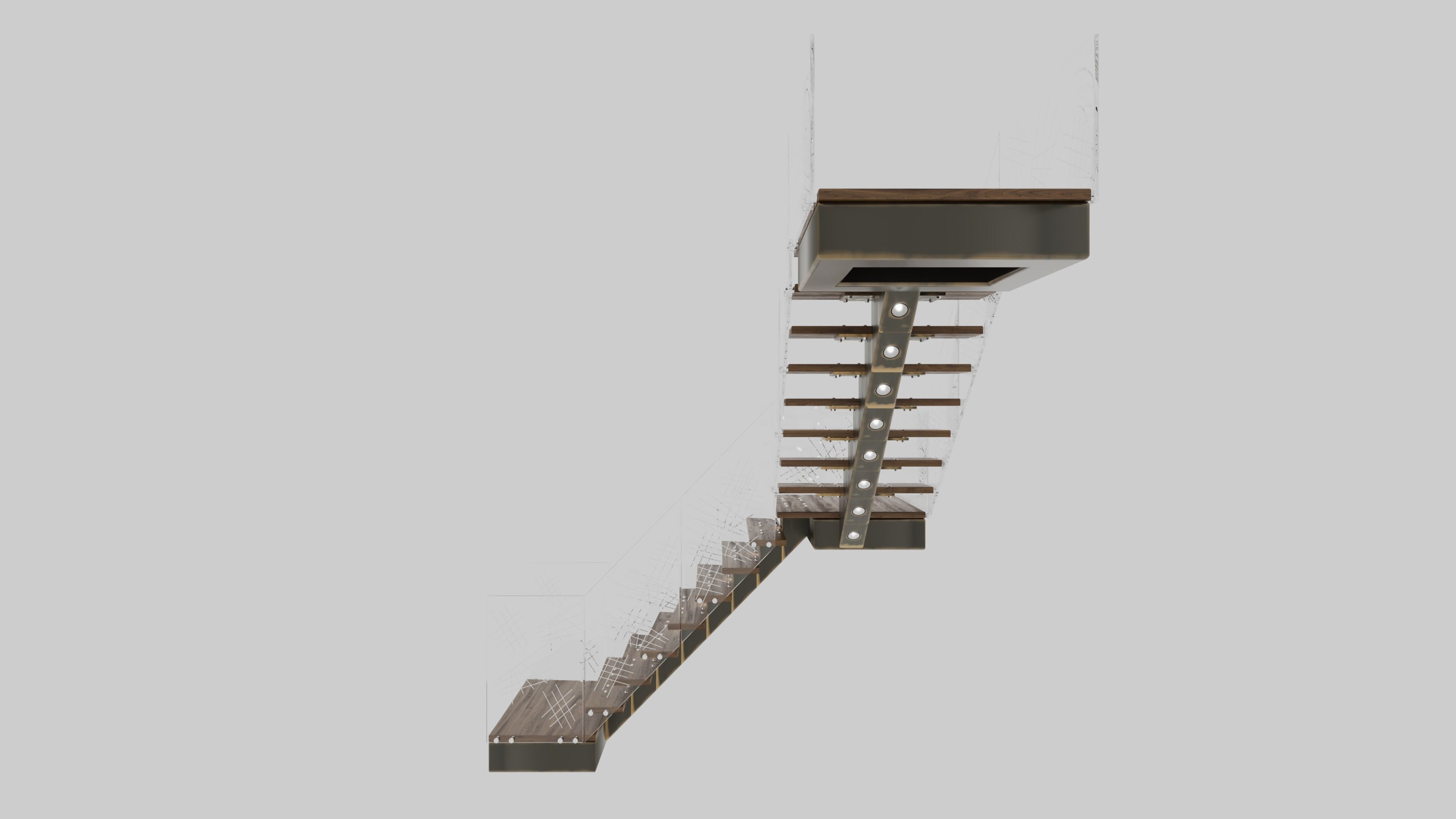 Stair wooden staircase with metal railings 3D model_2