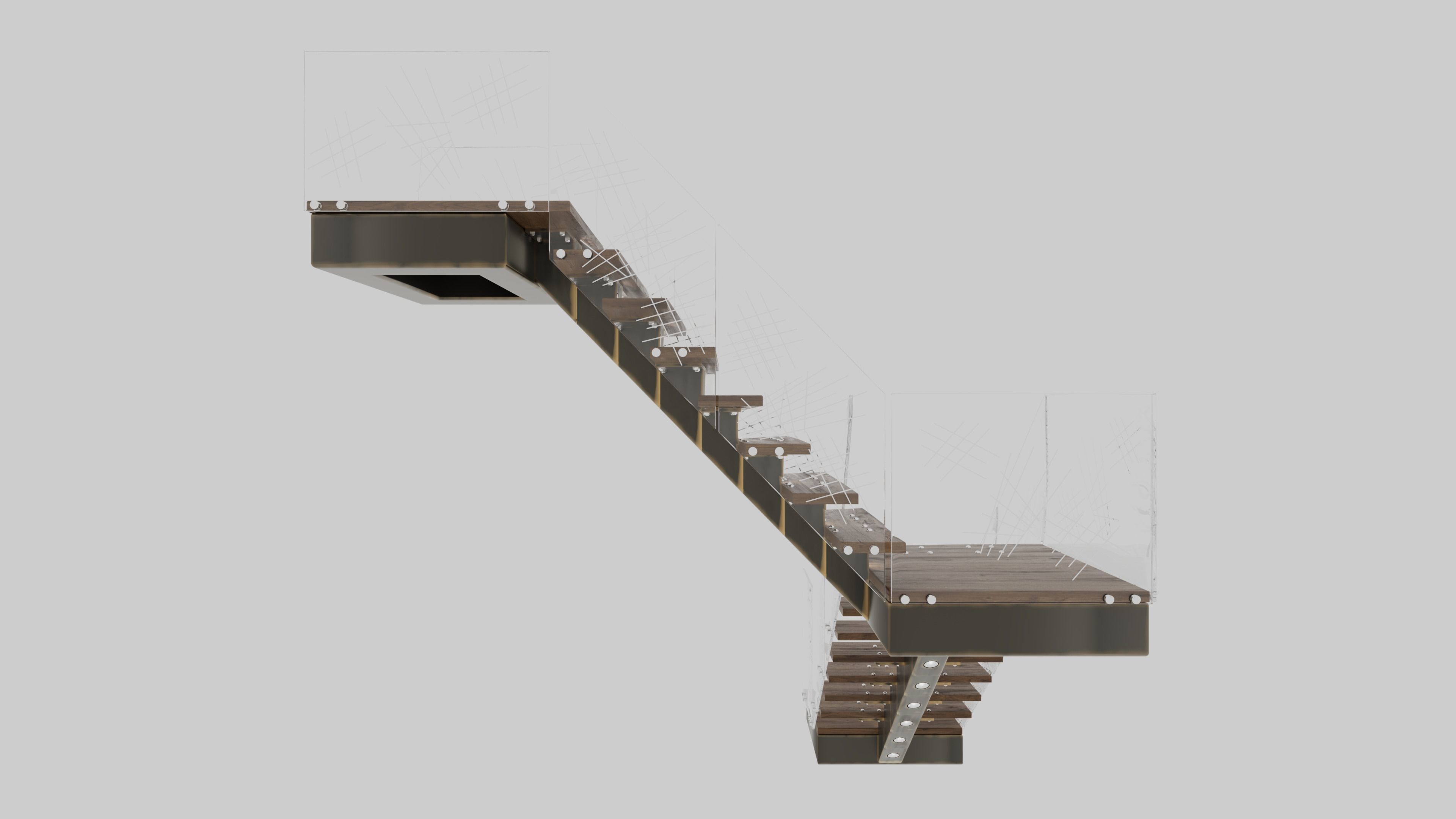 Stair wooden staircase with metal railings 3D model_4