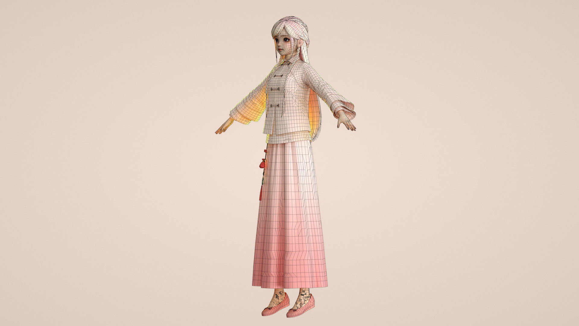 Cartoon Tang suit girl Chinese buckle top retro little girl 3D model_10