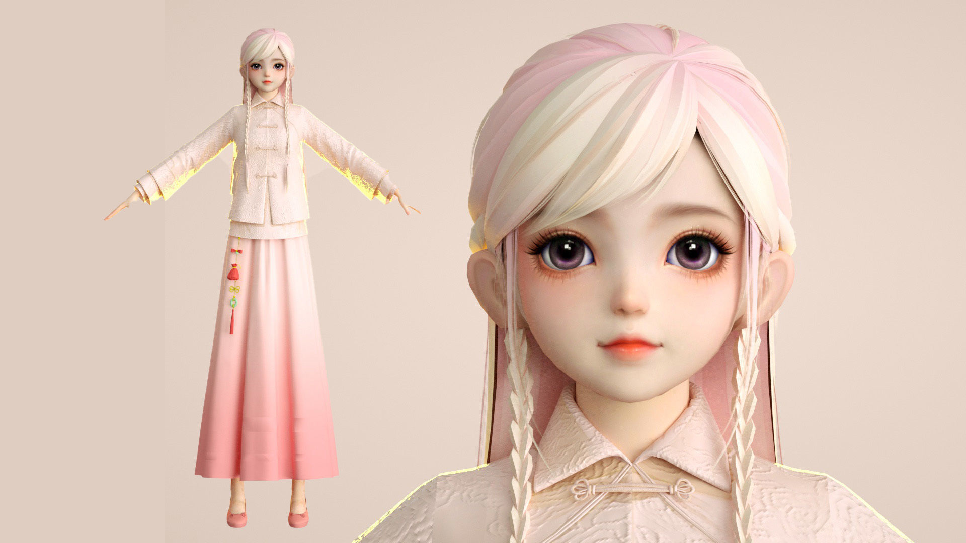 Cartoon Tang suit girl Chinese buckle top retro little girl 3D model_15