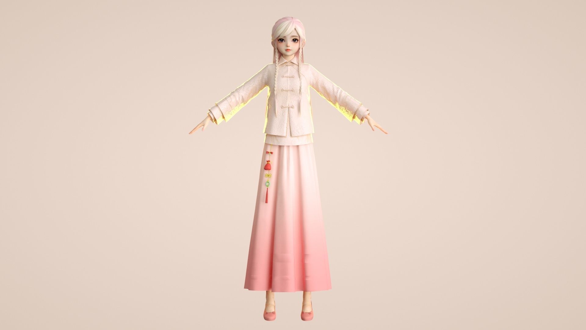 Cartoon Tang suit girl Chinese buckle top retro little girl 3D model_6