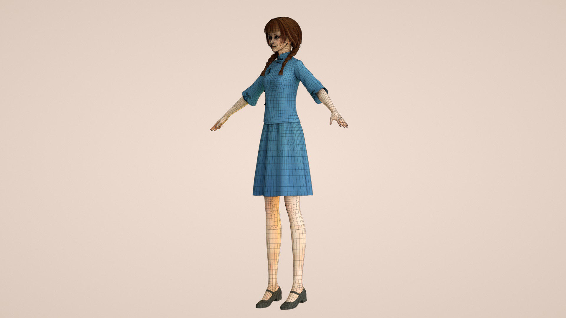 Cartoon female students of the Republic of China tunic suits 3D model_11