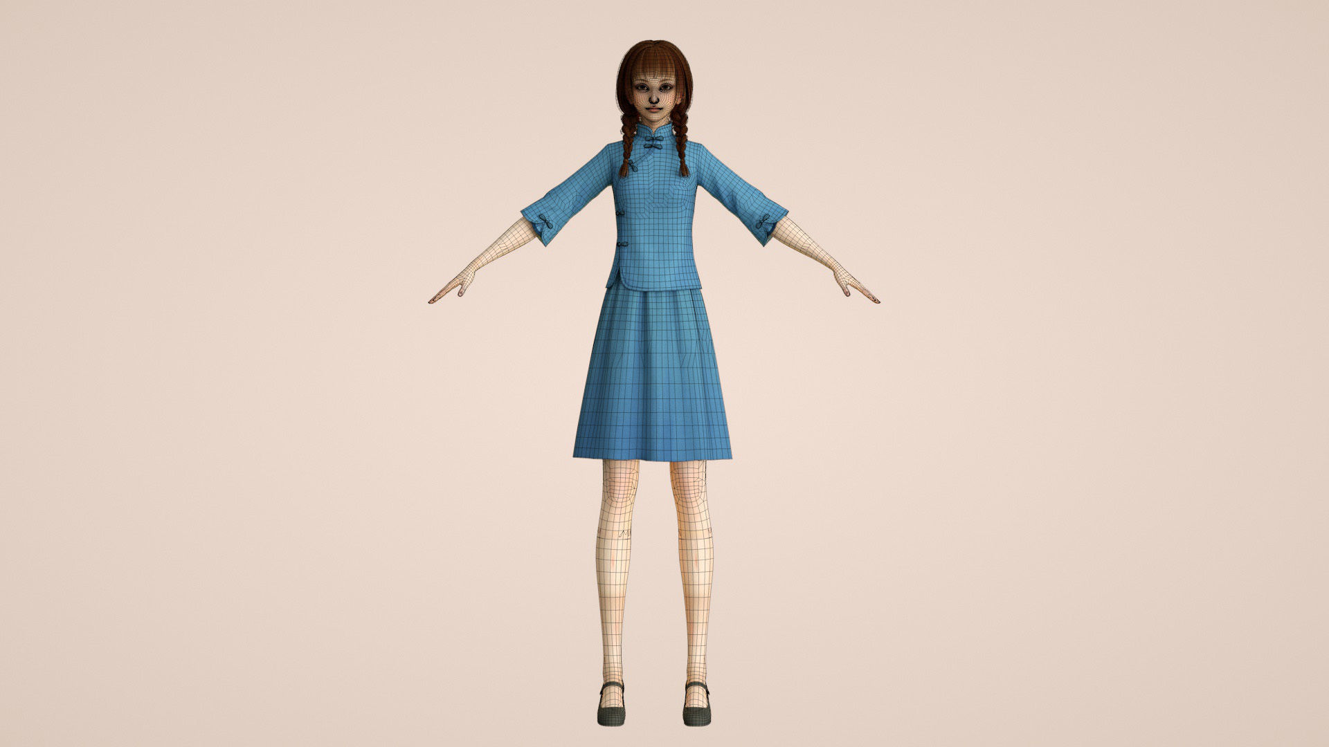 Cartoon female students of the Republic of China tunic suits 3D model_10