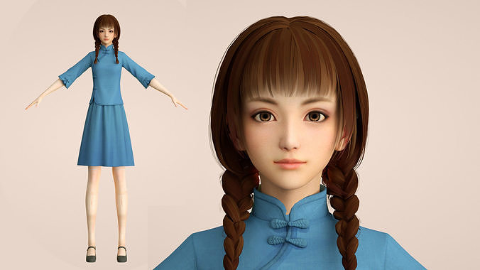 Cartoon female students of the Republic of China tunic suits  3D model