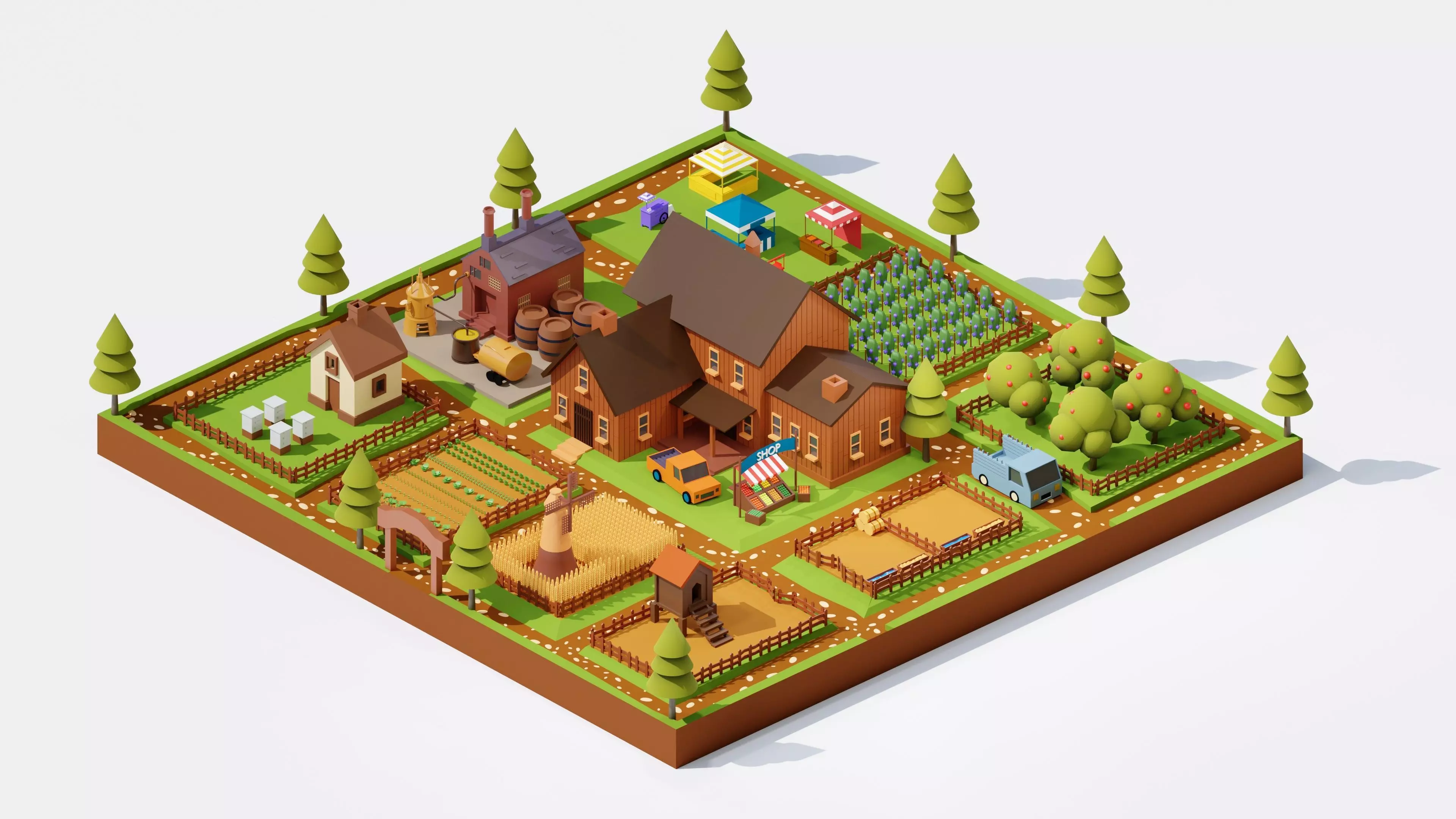 3d isometric lowpoly farmstead Low-poly 3D model_0