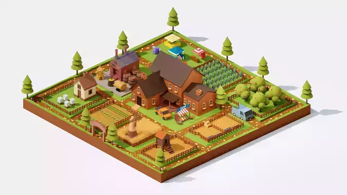 3d isometric lowpoly farmstead Low-poly 3D model