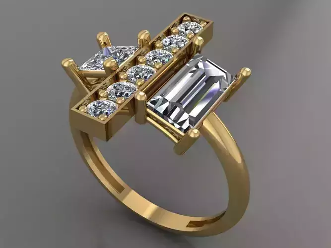 Ring 3D Print 3D print model 3D print model 3D print model gold with two baguette cut diamonds
